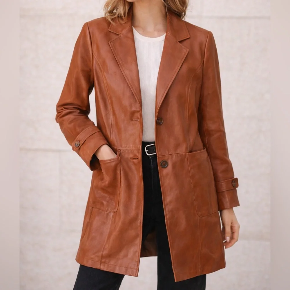 Chadwicks Genuine Leather Coat Chestnut Brown Vintage Inspired Size 6 Petite NWT - Picture 1 of 9